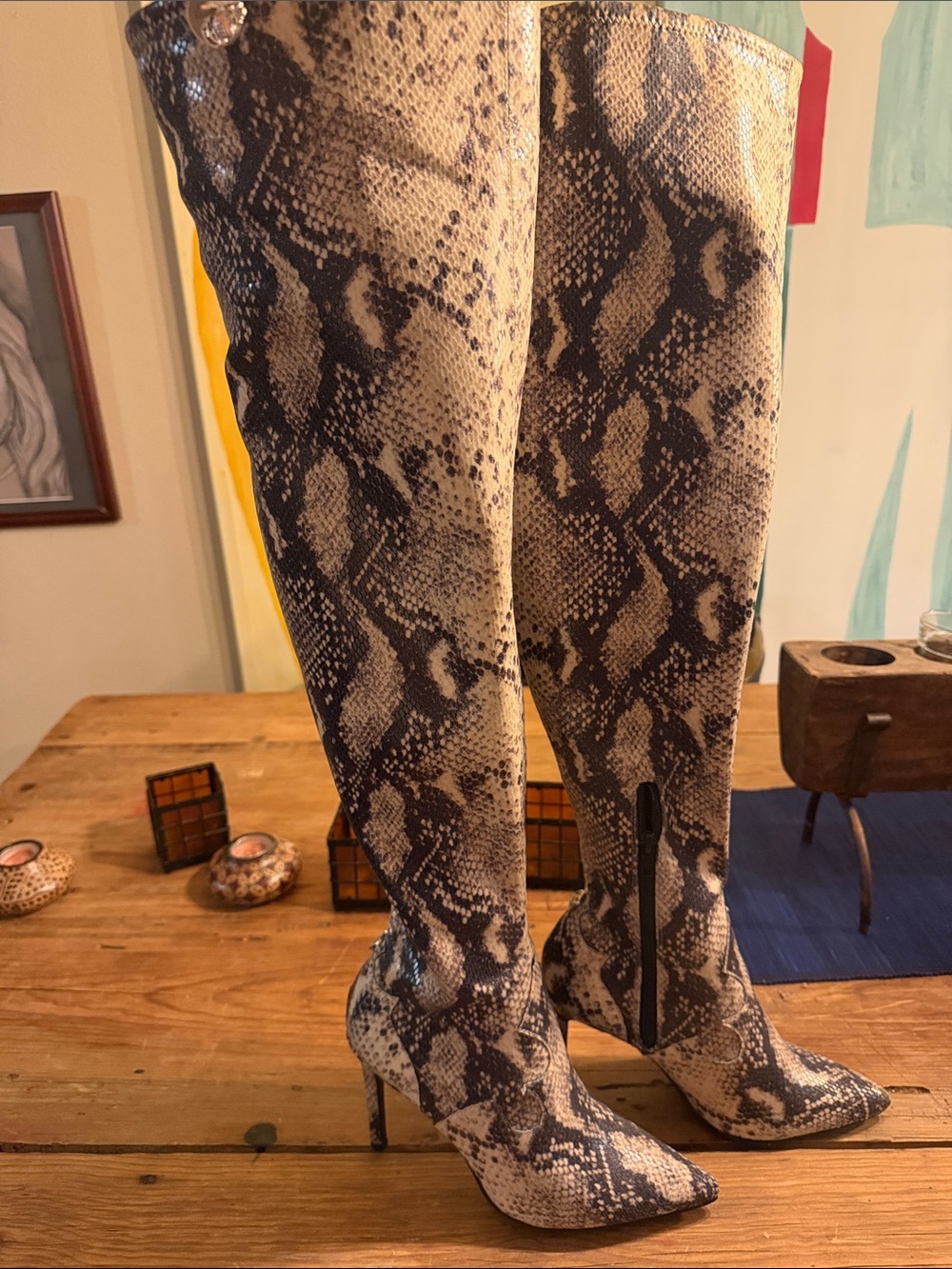 Snake Print Knee-High Stiletto Boots - Neutral Tones